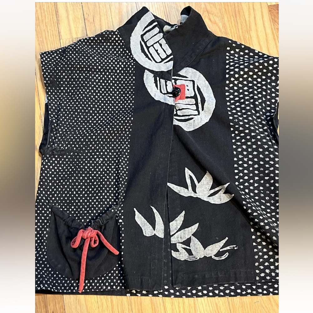 Vintage Pink Cupcake Tag Black Asian Patchwork Art Lotus One Button Vest Sz L
